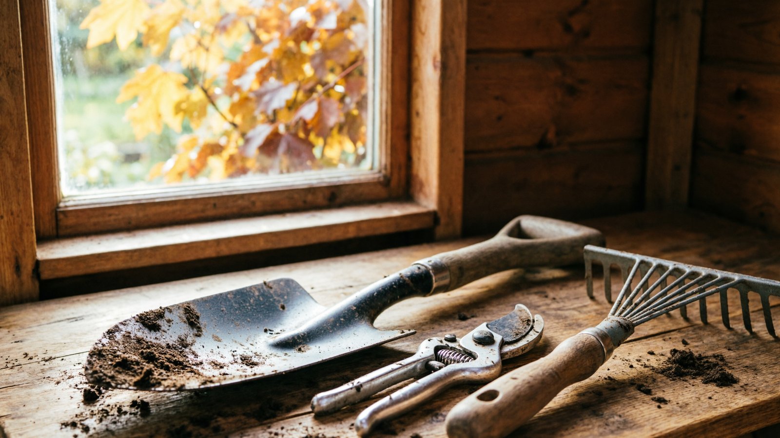 Outils de jardin couverts de terre posés sur une table en bois dans un abri