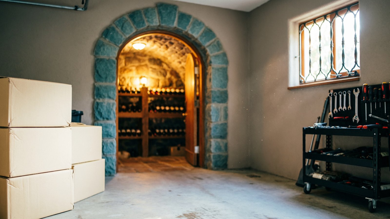 Garage privé avec cave voûtée en pierre visible en arrière-plan