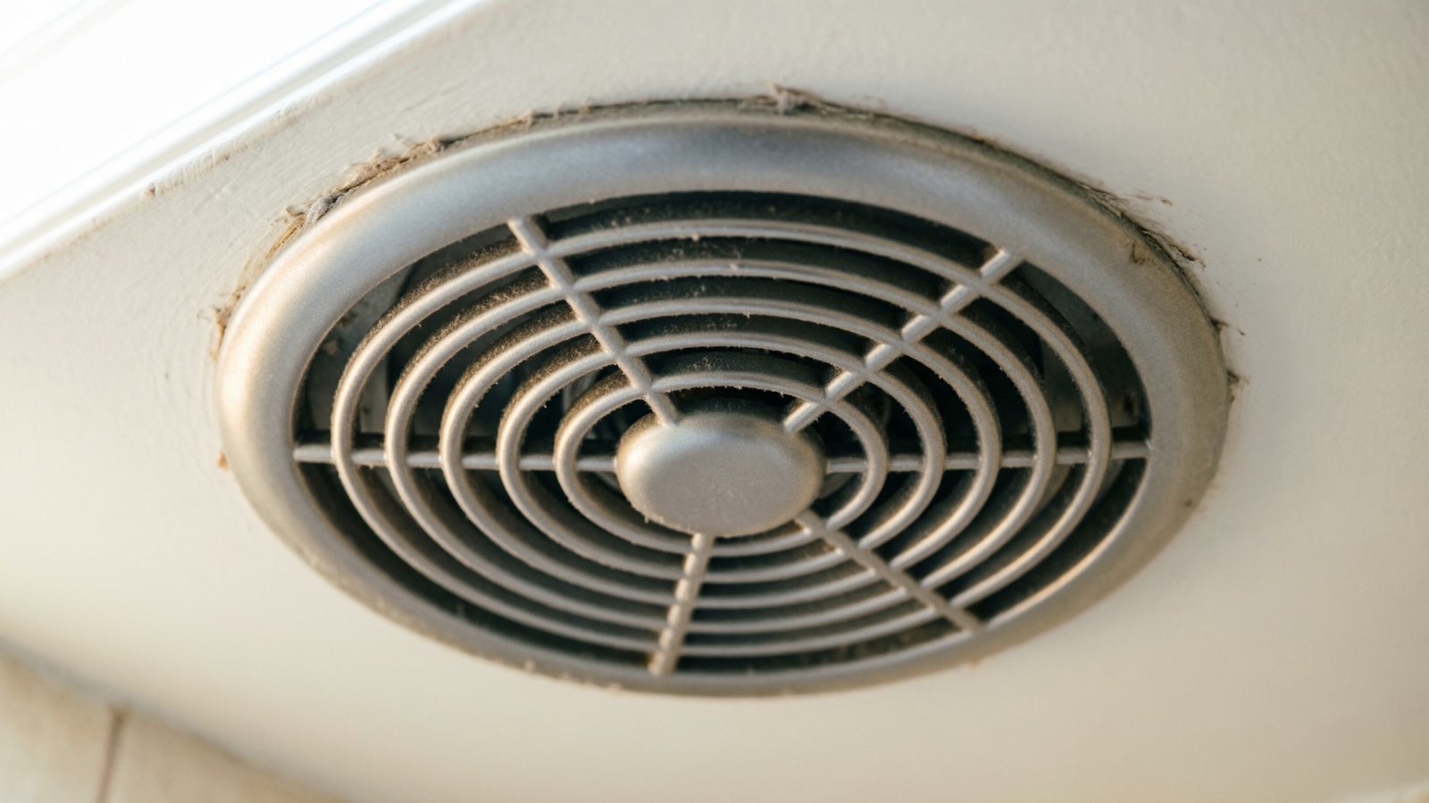 Grille de ventilation VMC légèrement poussiéreuse au plafond d'une salle de bain