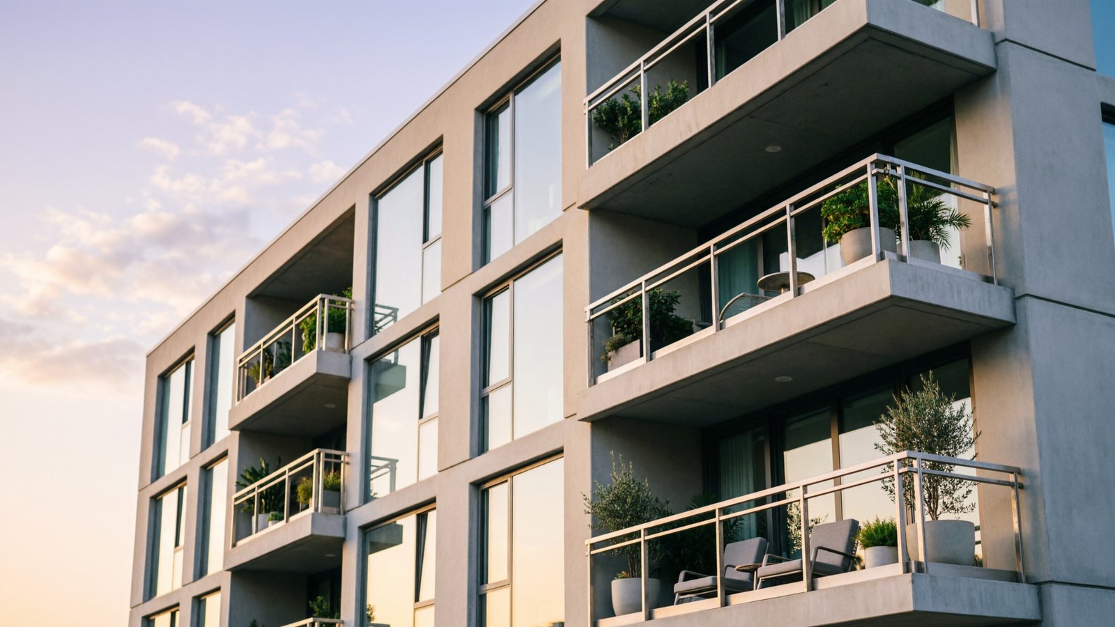 Façade d'un immeuble résidentiel moderne avec balcons et plantes, lumière de fin de journée