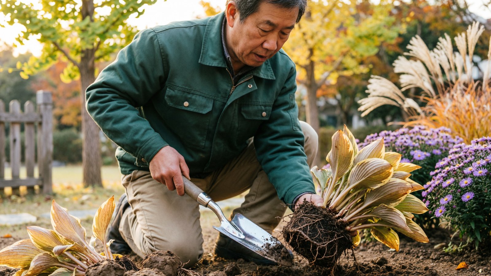 Un jardinier divise une touffe de vivace à la bêche dans un jardin en automne