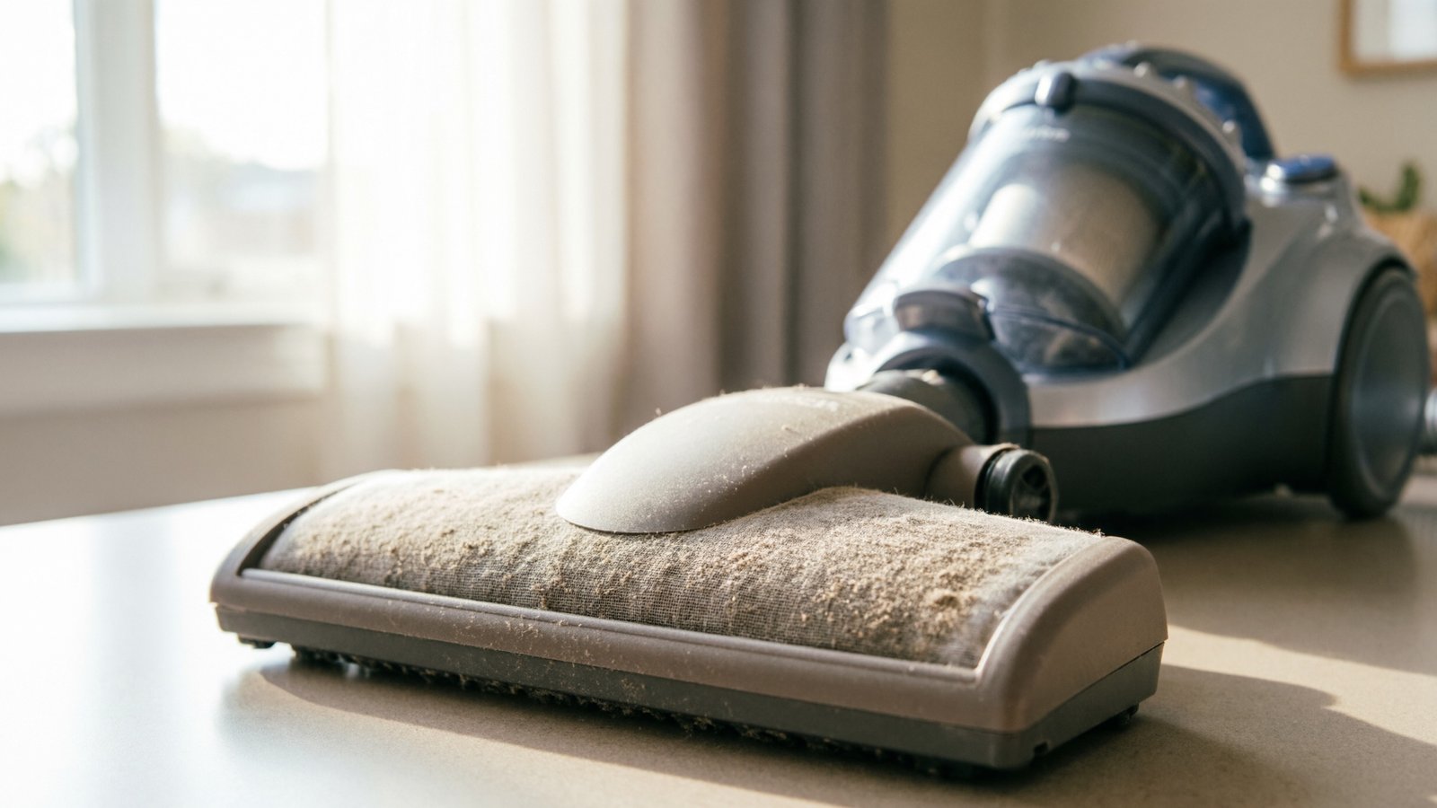 Filtre d'aspirateur couvert de poussière posé sur un plan de travail