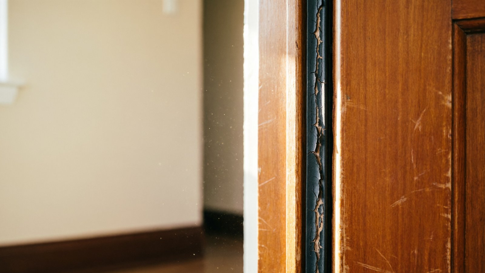 Cadre de porte en bois avec joint d'étanchéité usé et fendillé