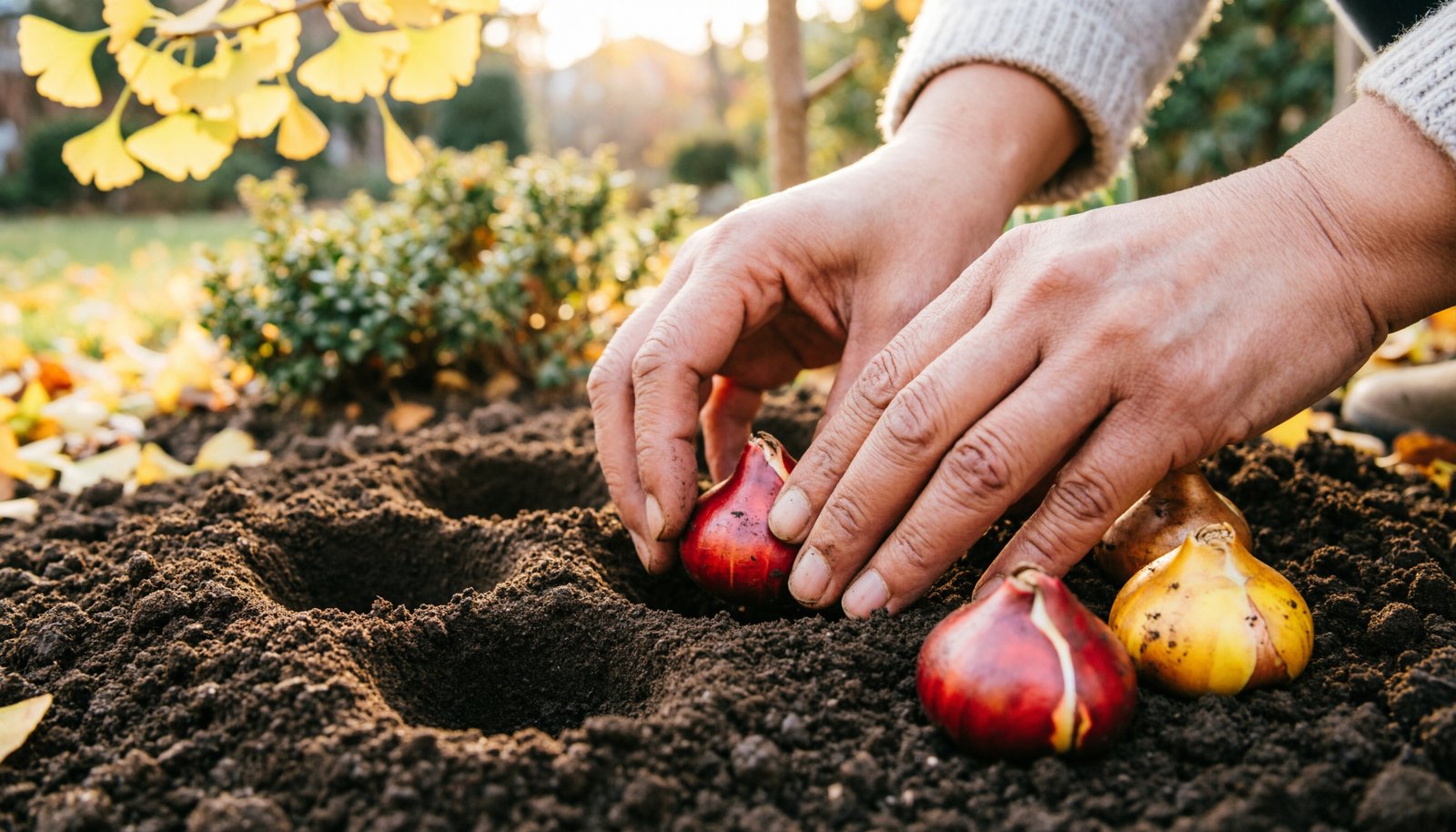 Plantation de bulbes de fleurs dans la terre en automne