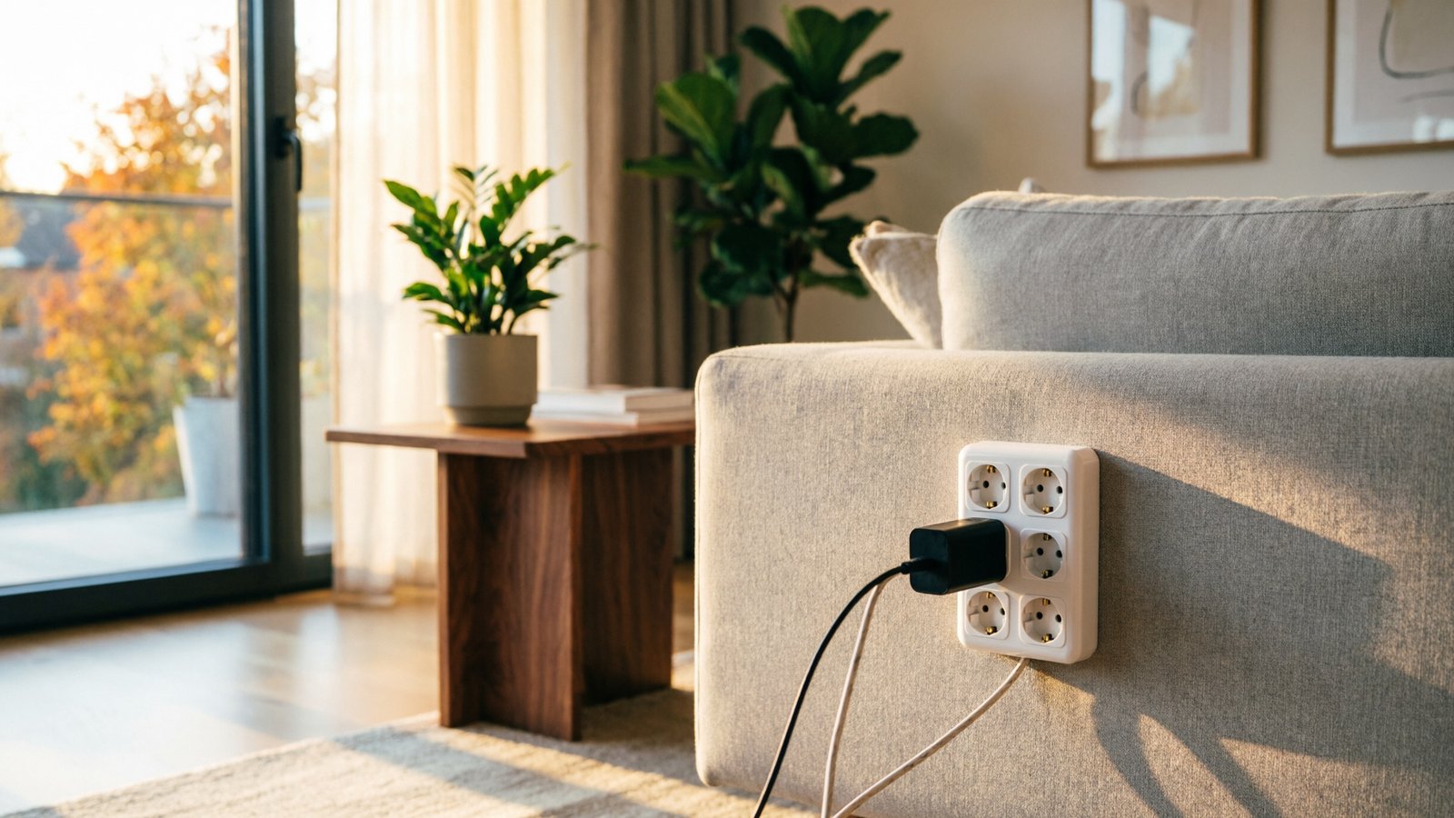 Prise électrique murale avec multiprise et chargeur branché dans un salon moderne