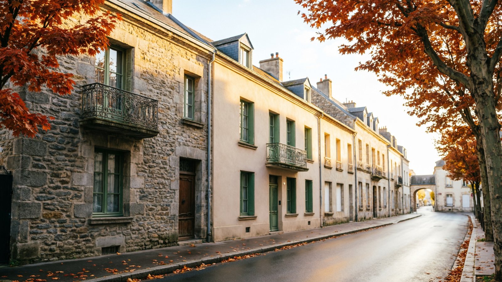 Rue résidentielle française bordée de maisons anciennes en pierre à l'automne