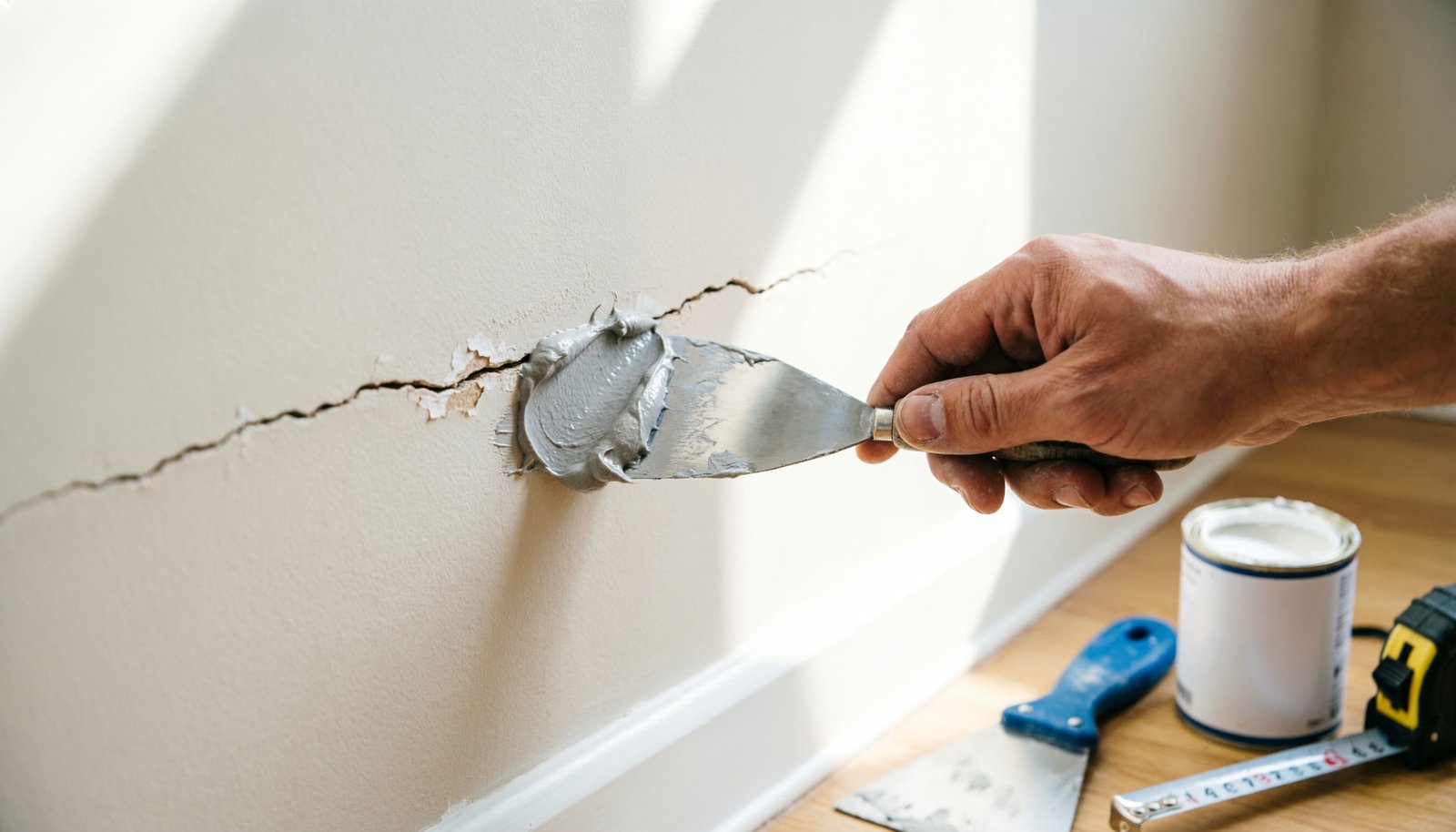Réparation d'une fissure dans un mur avec de l'enduit