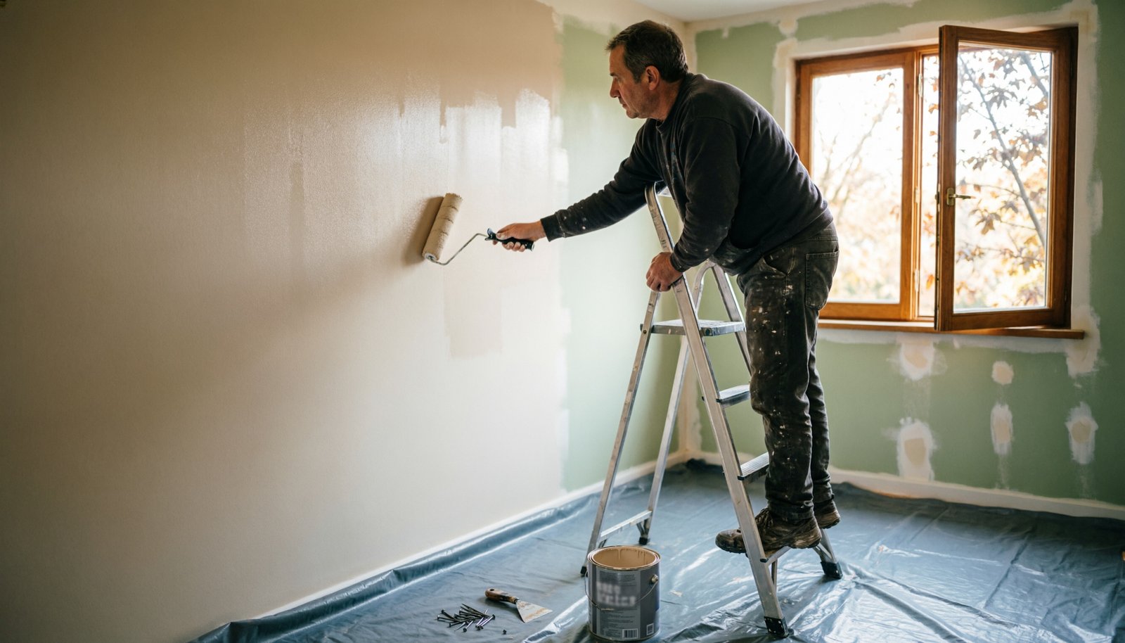 Personne peignant un mur intérieur avec un rouleau