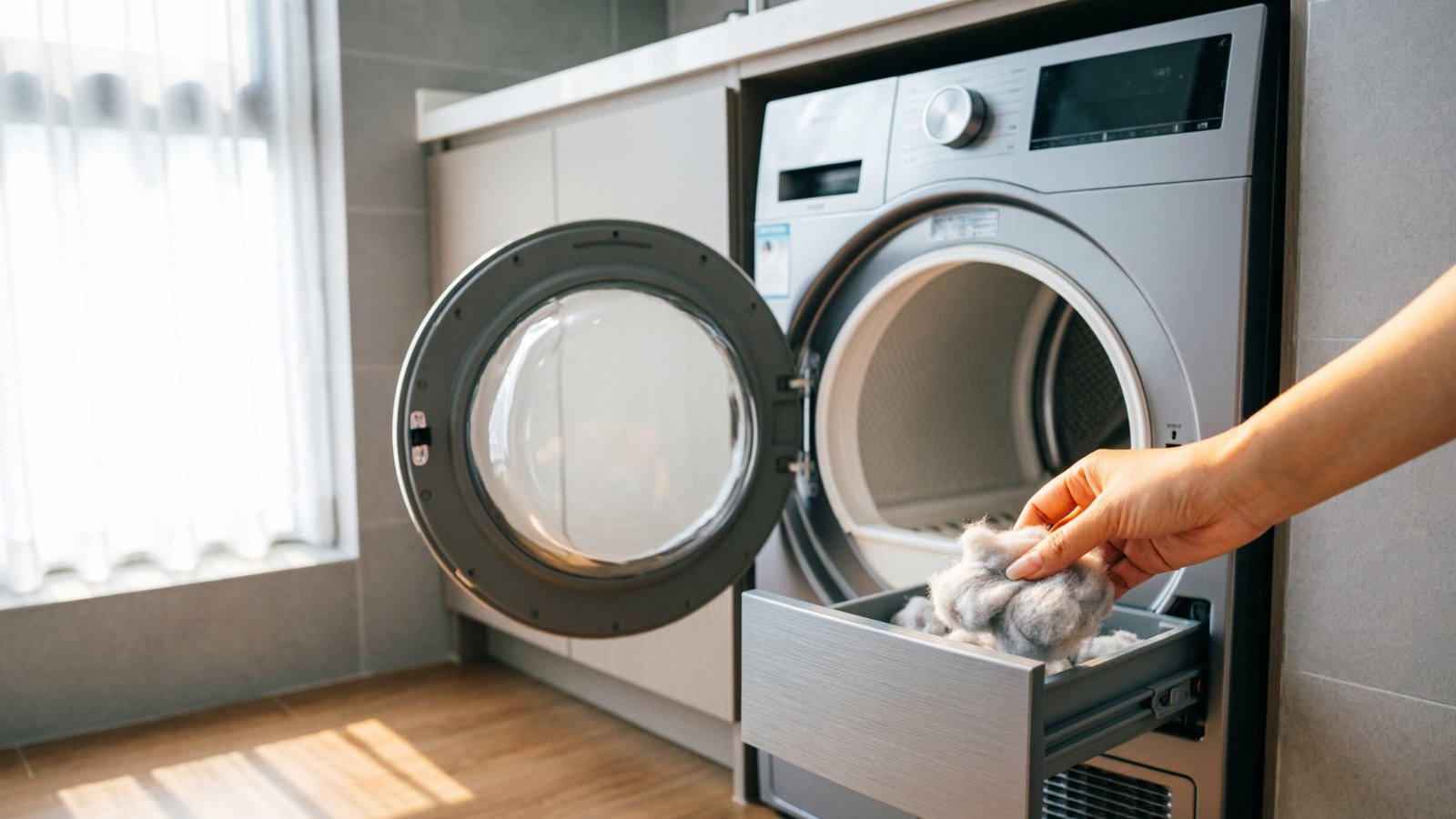 Main retirant la peluche du filtre d'un sèche-linge ouvert, lumière naturelle douce