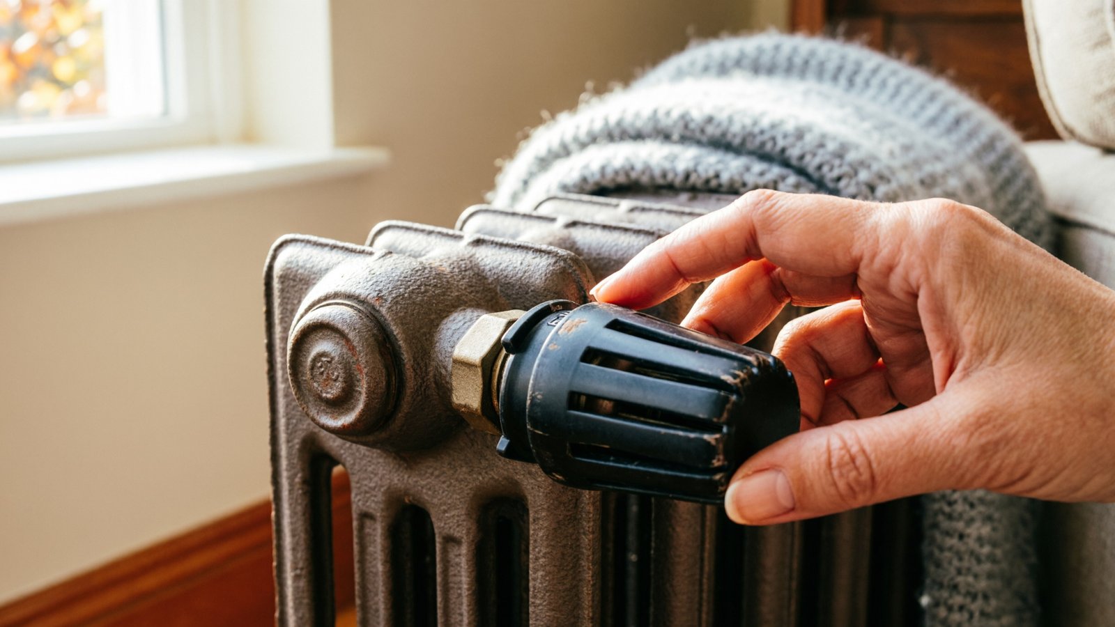 Main réglant une vanne thermostatique sur un radiateur en fonte, lumière naturelle d'automne