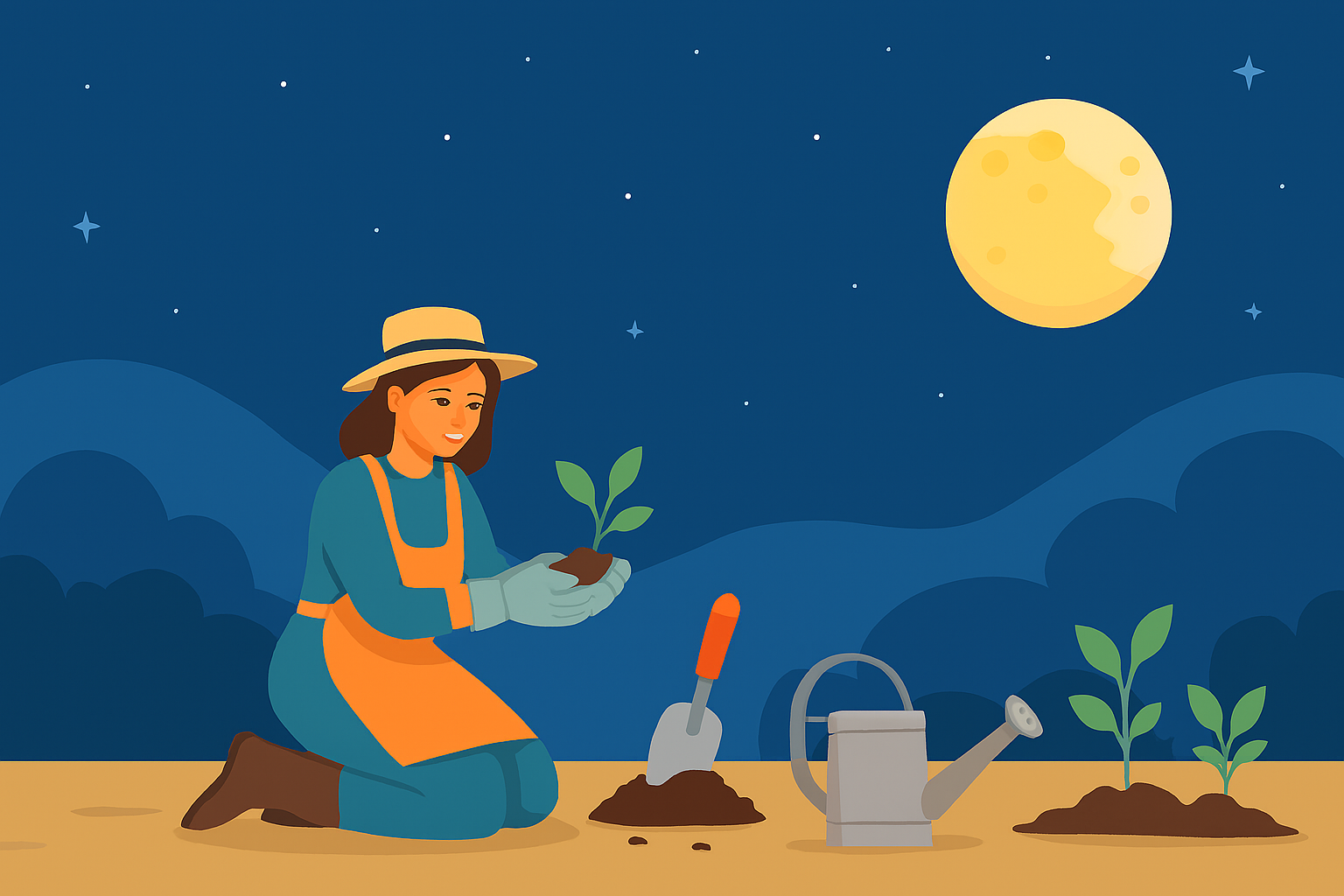 Illustration de jardinage avec la lune en format paysage 16/9 HD, femme plantant sous un ciel étoilé éclairé par la pleine lune